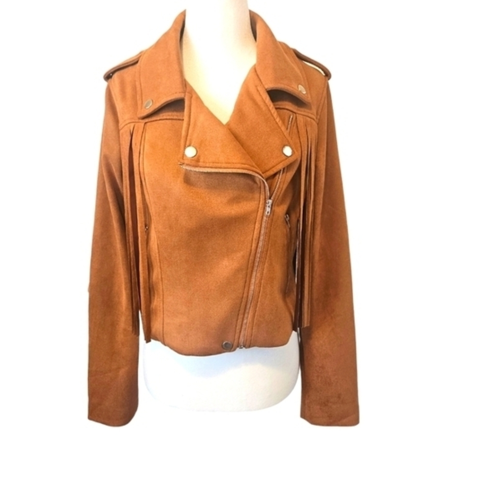 Better Be Tan Faux Suede Fringe Moto Jacket